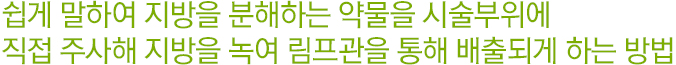 쉽게 말하여 지방을 분해하는 약물을 시술부위에 직접 주사해 지방을 녹여 림프관을 통해 배출되게 하는 방법