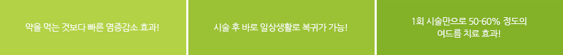 1.약을 먹는 것보다 빠른 염증감소 효과! 2.시술 후 바로 일상생활로 복귀가 가능. 3.1회 시술만으로 50~60% 정도의 여드름 치료 효과!