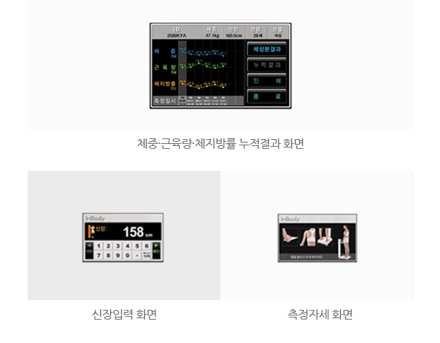체중,근육량,체지방률 누적결과 화면. 신장입력화면. 측정자세 화면