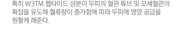 특히 W3TM 펩타이드 성분이 두피의 혈관 튜브 및 모세혈관의 확장을 유도해 혈류량이 증가함에 따라 두피에 영양 공급을 원활케 해준다.