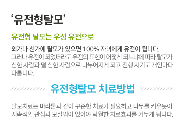 유전형탈모. 유전형탈모. 유전형 탈모는 우성 유전으로. 외가나 친가에 탈모가 있으면 100% 자녀에게 유전이 됩니다. 그러나 유전이 되었더라도 유전의 표현이 어떻게 되느냐에 따라 탈모가 심한 사람과 덜 심한 사람으로 나누어지게 되고 진행 시기도 개인마다 다릅니다. 유전형 탈모 치료방법. 탈모치료는 마라톤과 같이 꾸준한 치료가 필요하고 나무를 키우듯이 지속적인 관심과 보살핌이 있어야 탁월한 치료효과를 거두게 됩니다.