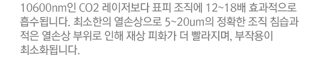 10600nm인 CO2 레이저보다 표피 조직에 12~18배 효과적으로 흡수됩니다. 최소한의 열손상으로 5~20um의 정확한 조직 침습과 적은 열손상 부위로 인해 재상 피화가 더 빨라지며, 부작용이 최소화됩니다.