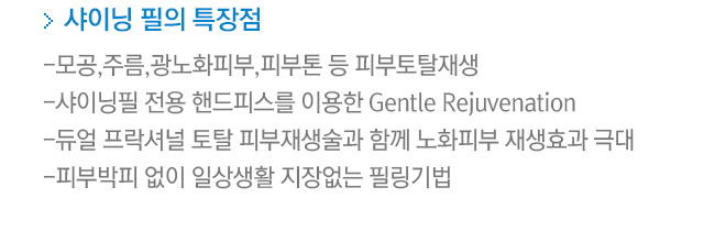 샤이닝 필의 특장점. 1.모공,주름,광노화피부,피부톤 등 피부토탈재생. 2.샤이닝필 전용 핸드피스를 이용한 Gentle Rejuvenation. 3.듀얼 프락셔널 토탈 피부재생술과 함께 노화피부 재생효과 극대. 4.피부박피 없이 일상생활 지장없는 필링기법.