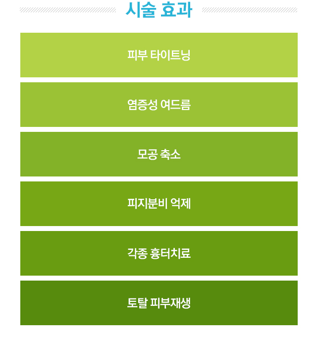 시술 효과. 피부 타이트닝, 염증성 여드름, 모공 축소, 피지분비 억제, 각종 흉터치료, 토탈 피부재생