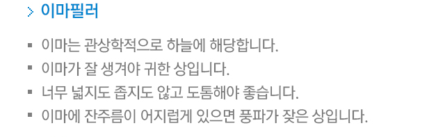 이마필러. 이마는 관상학적으로 하늘에 해당합니다. 이마가 잘 생겨야 귀한 상입니다. 너무 넓지도 좁지도 않고 도톰해야 좋습니다. 이마에 잔주름이 어지럽게 있으면 풍파가 잦은 상입니다.