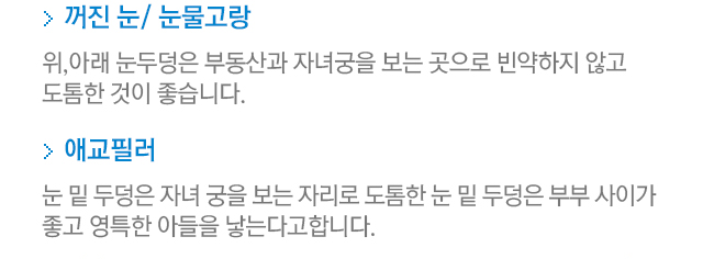 꺼진 눈/눈물고랑=위,아래 눈두덩은 부동산과 자녀궁을 보는 곳으로 빈약하지 않고 도톰한 것이 좋습니다. 애교필러=눈 밑 두덩은 자녀 궁을 보는 자리로 도톰한 눈 밑 두덩은 부부 사이가 좋고 영특한 아들을 낳는다고 합니다.