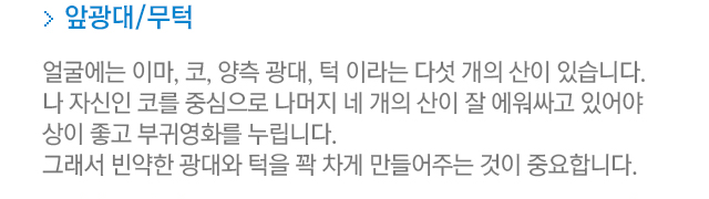 앞광대/무턱=얼굴에는 이마, 코, 양측 광대, 턱이라는 다섯 개의 산이 있습니다. 나 자신인 코를 중심으로 나머지 네 개의 산이 잘 에워싸고 있어야 상이 좋고 부귀영화를 누립니다. 그래서 빈약한 광대와 턱을 꽉 차게 만들어주는 것이 중요합니다.