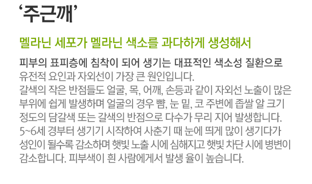 주근깨. 멜라닌 세포가 멜라닌 색소를 과다하게 생성해서. 피부의 표피층에 침착이 되어 생기는 대표적인 색소성 질환으로 유전적 요인과 자외선이 가장 큰원인입니다. 갈색의 작은 반점들도 얼굴, 목, 어깨, 손등과 같이 자외선 노출이 많은 부위에 쉽게 발생하며 얼굴의 경우 뺨, 눈 밑, 코 주변에 좁쌀 알 크기 정도의 담갈색 또는 갈색의 반점으로 다수가 무리 지어 발생합니다. 5~6세 경부터 생기기 시작하여 사춘기 때 눈에 띄게 많이 생기다가 성인이 될수록 감소하며 햇빛 노출 시에 심해지고 햇빛 차단 시에 병변이 감소합니다. 피부색이 흰 사람에게서 발생율이 높습니다.