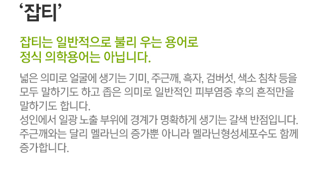 잡티. 잡티는 일반적으로 불리우는 용어로 정식의학용어는 아닙니다. 넓은 의미로 얼굴에 생기는 기미, 주근깨, 흑자, 검버섯, 색소 침착 등을 모두 말하기도 하고 좁은 의미로 일반적인 피부염증 후의 흔적만을 말하기도 합니다. 성인에서 일광 노출 부위에 경계가 명확하게 생기는 갈색 반점입니다. 주근개와는 달리 멜라닌의 증가뿐 아니라 멜라닌 형성세포수도 함께 증가합니다.