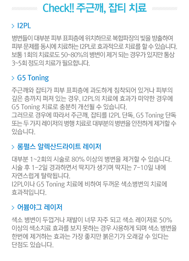 Check!! 주근깨, 잡티 치료. I2PL=병변들이 대부분 피부 표피층에 위치하므로 복합파장의 빛을 방출하여 피부 문제를 동시에 치료하는 I2PL로 효과적으로 치료를 할 수 있습니다. 보통 1회의 치료로도 50~80%의 병변이 제거되는 경우가 있지만 통상 3~5회 정도의 치료가 필요합니다. G5 Toning=주근깨와 잡티가 피부 표피층에 과도하게 침착되어 있거나 피부의 깊은 층까지 퍼져 있는 경우, I2PL의 치료에 효과가 미약한 경우에 G5 Toning 치료로 충분히 개선될 수 있습니다. 그러므로 경우에 따라서 주근깨, 잡티를 I2PL 단독, G5 Toning 단독 또는 두 가지 레이저의 병행 치료로 대부분의 병변을 안전하게 제거할 수 있습니다. 롱펄스 알렉산드라이트 레이저=대부분 1~2회의 시술로 80% 이상의 병변을 제거할 수 있습니다. 시술 후 1-2일 경과하면서 딱지가 생기며 딱지는 7-10일 내에 자연스럽게 탈락됩니다. I2PL이나 G5 Toning 치료에 비하여 두꺼운 색소병변의 치료에 효과적입니다. 어븀야그 레이저=색소 병변이 두껍거나 재발이 너무 자주 되고 색소 레이저로 50% 이상의 색소치료 효과를 보지 못하는 경우 사용하게 되며 색소 병변을 한번에 제거하는 효과는 가장 좋지만 붉은기가 오래 갈 수 있다는 단점도 있습니다. 