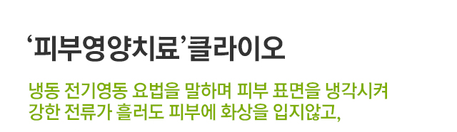 피부영양치료 클라이오. 냉동 전기영동 요법을 말하며 피부 표면을 냉각시켜 강한 전류가 흘러도 피부에 화상을 입지 않고,