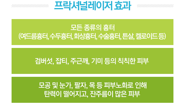 프락셔널레이저 효과. 1.모든 종류의 흉터(여드름흉터,수두흉터,화상흉터,수술흉터,튼살,켈로이드 등). 2.검버섯,잡티,주근깨,기미 등의 칙칙한 피부. 3.모공 및 눈가, 팔자, 목 등 피부노화로 인해 탄력이 떨어지고, 잔주름이 많은 피부.