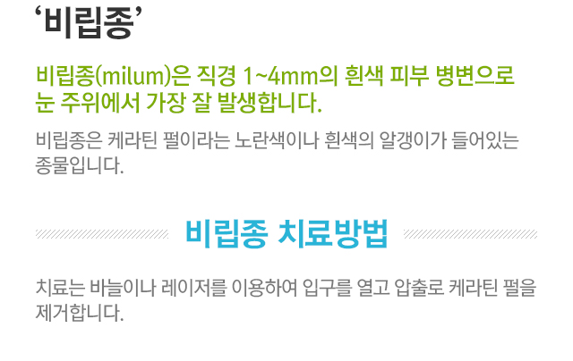 비립종. 비립종은 직경 1~4mm의 흰색 피부 병변으로 눈 주위에서 가장 잘 발생합니다. 비립종은 케라틴 펄이라는 노란색이나 흰색의 알갱이가 들어있는 종물입니다. 비립종 치료방법. 치료는 바늘이나 레이저를 이용하여 입구를 열고 압출로 케라틴 펄을 제거합니다.