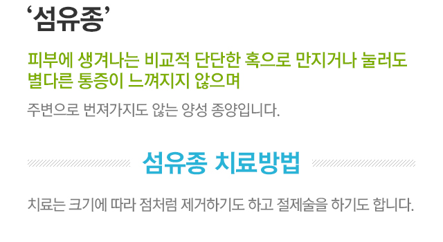 섬유종. 피부에 생겨나는 비교적 단단한 혹으로 만지거나 눌러도 별다른 통증이 느껴지지 않으며 주변으로 번져가지도 않는 양성 종양입니다. 섬유종 치료방법. 치료는 크기에 따라 점처럼 제거하기도 하고 절제술을 하기도 합니다.